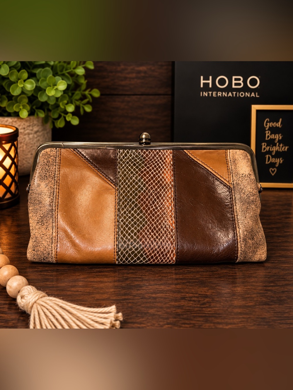 HOBO International Patchwork Leather Frame Clutch Wallet Brown Tan Snakeskin